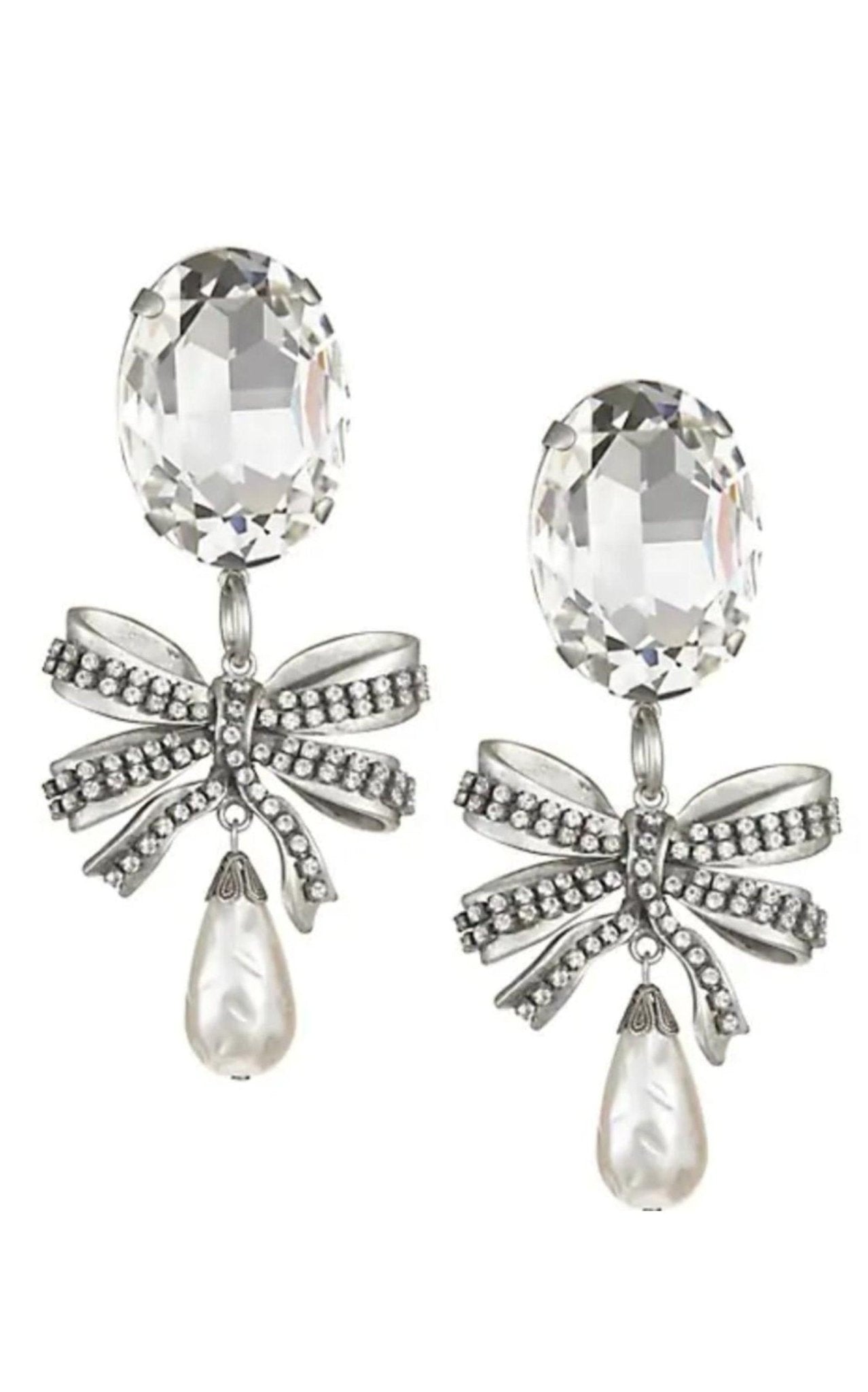 Alessandra Rich Crystal Bow Pearl Drop Earring - Runway Catalog