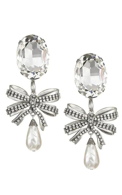 Alessandra Rich Crystal Bow Pearl Drop Earring - Runway Catalog