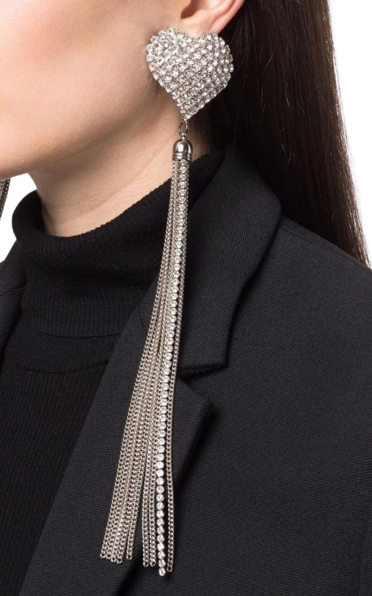 Alessandra Rich Crystal - Heart Tassel Earrings - Runway Catalog