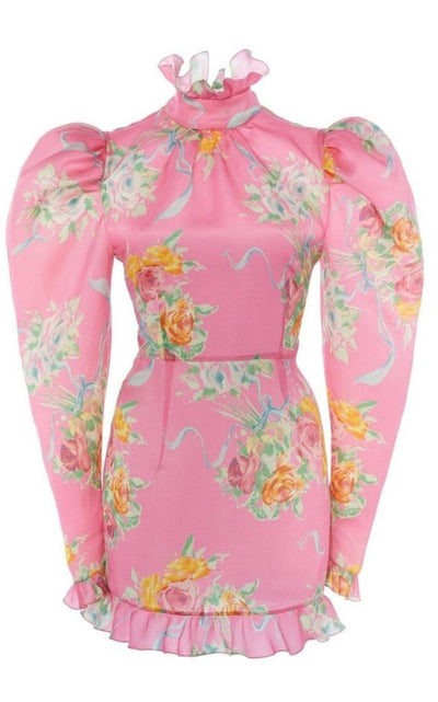 Alessandra Rich Floral Puff - Sleeve Silk Mini Dress - Runway Catalog