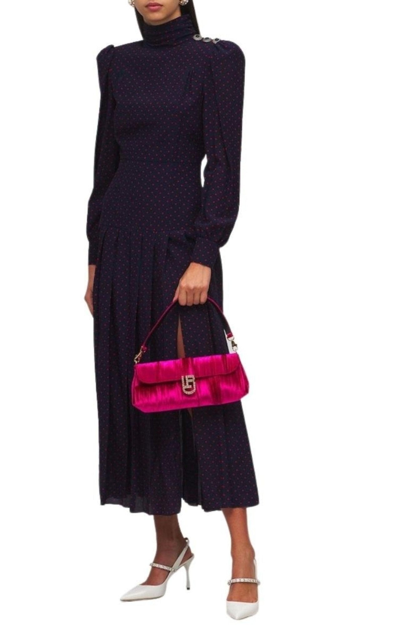 Alessandra Rich Long - Sleeve Highneck Polka - Dot Dress - Runway Catalog