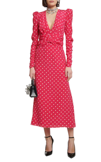 Alessandra Rich Midi Polka Dot Print Silk Dress - Runway Catalog