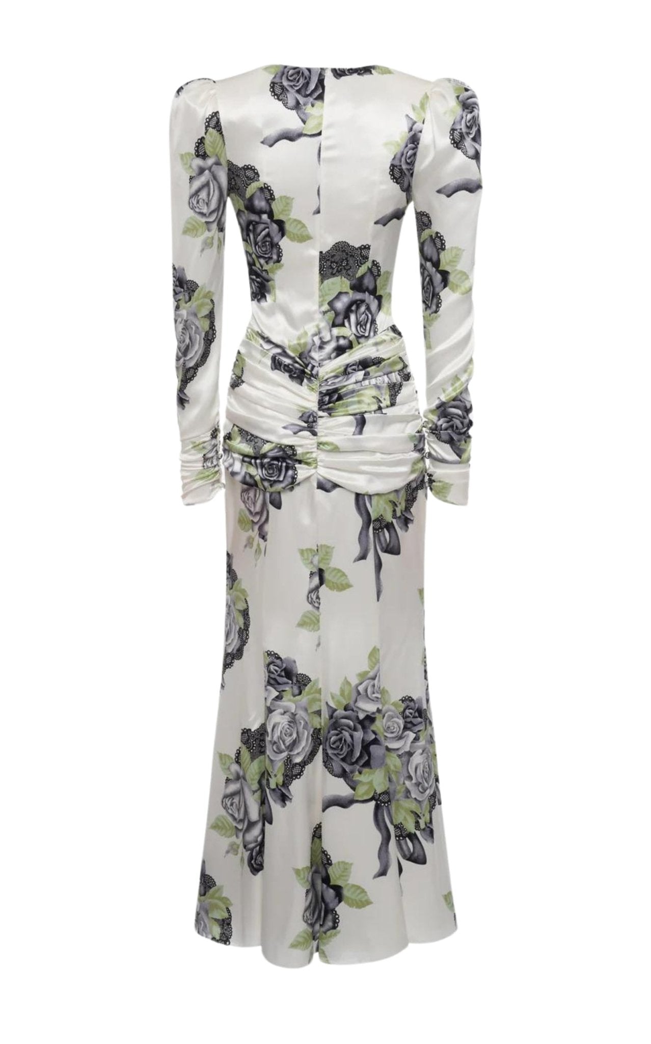 Alessandra Rich Silk Satin Rose Print Midi Dress - Runway Catalog