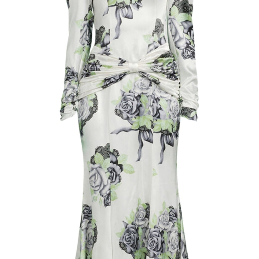 Alessandra Rich Silk Satin Rose Print Midi Dress - Runway Catalog