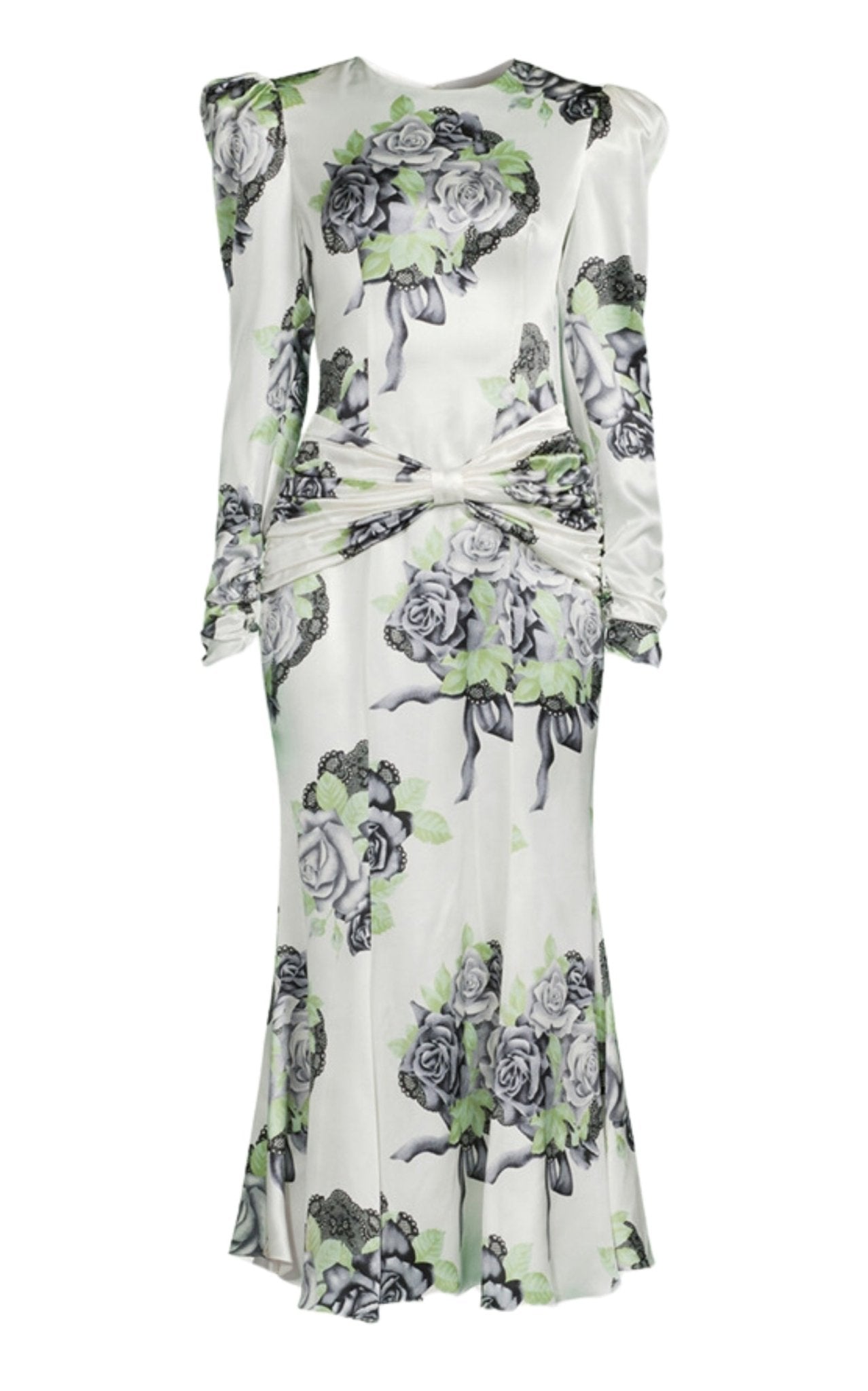 Alessandra Rich Silk Satin Rose Print Midi Dress - Runway Catalog