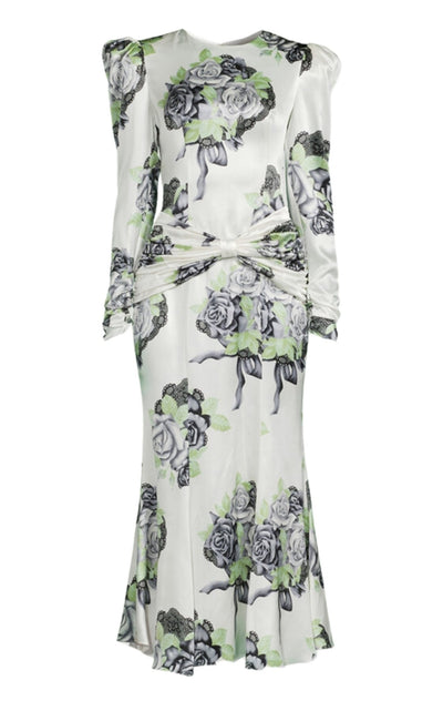 Alessandra Rich Silk Satin Rose Print Midi Dress - Runway Catalog