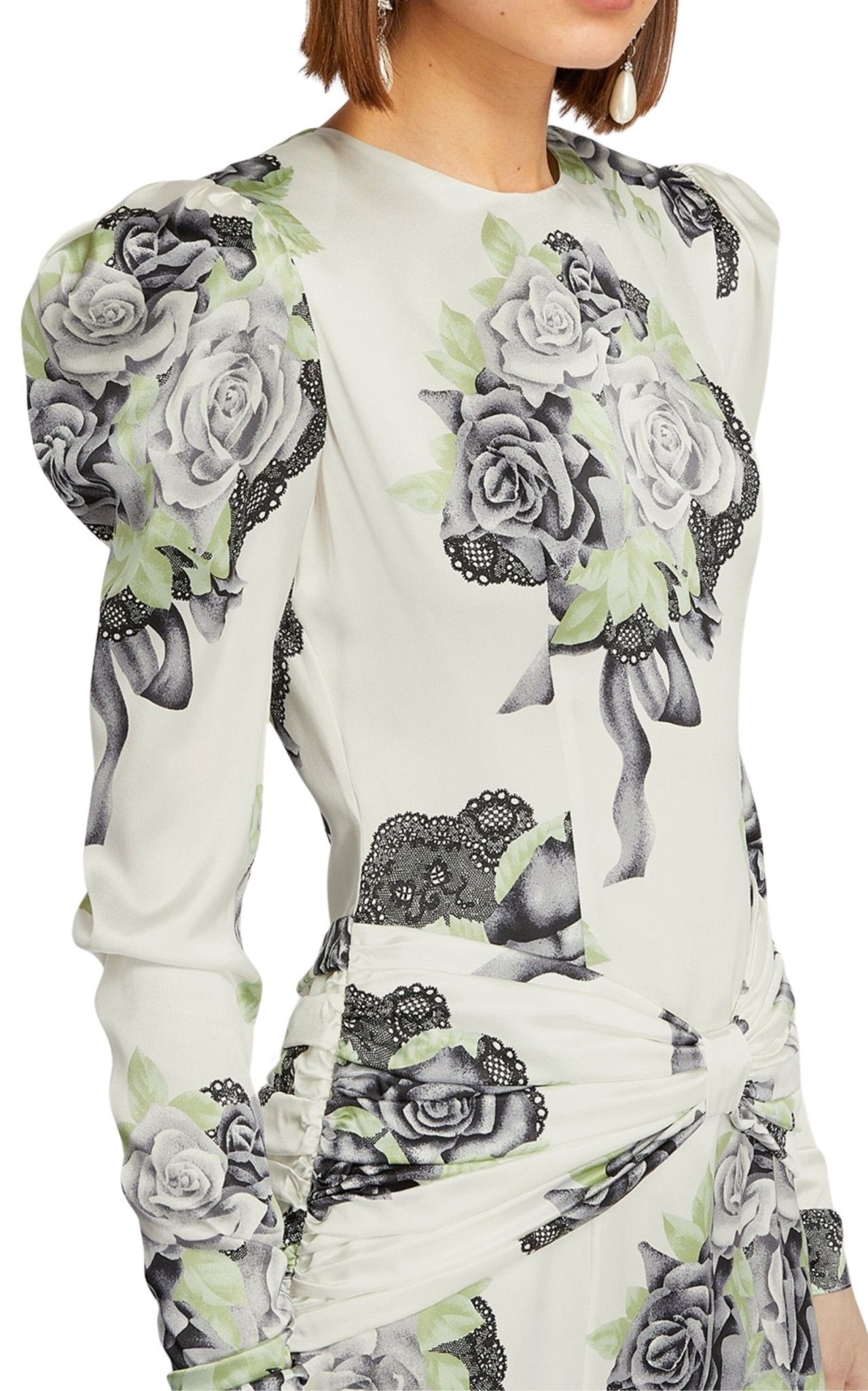Alessandra Rich Silk Satin Rose Print Midi Dress - Runway Catalog