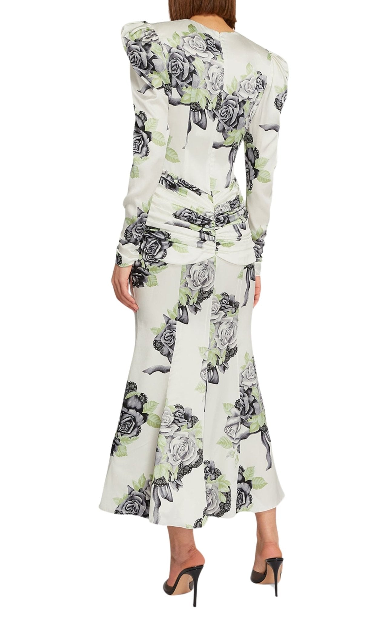 Alessandra Rich Silk Satin Rose Print Midi Dress - Runway Catalog
