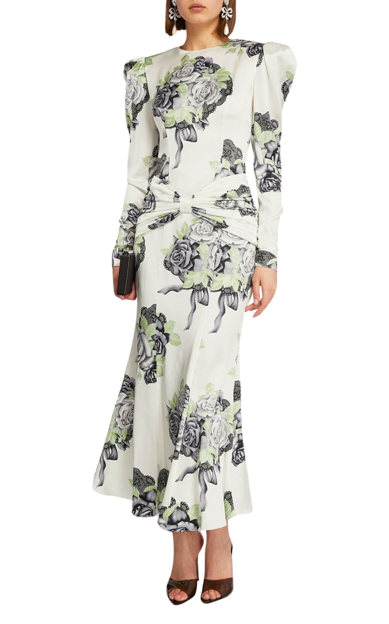 Alessandra Rich Silk Satin Rose Print Midi Dress - Runway Catalog