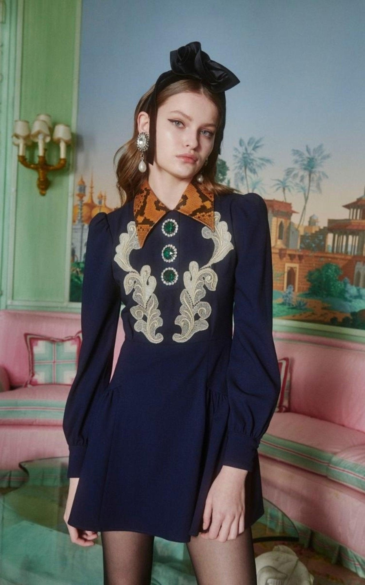 Alessandra Rich Wool Crepe Mini Dress With Python Print Collar - Runway Catalog