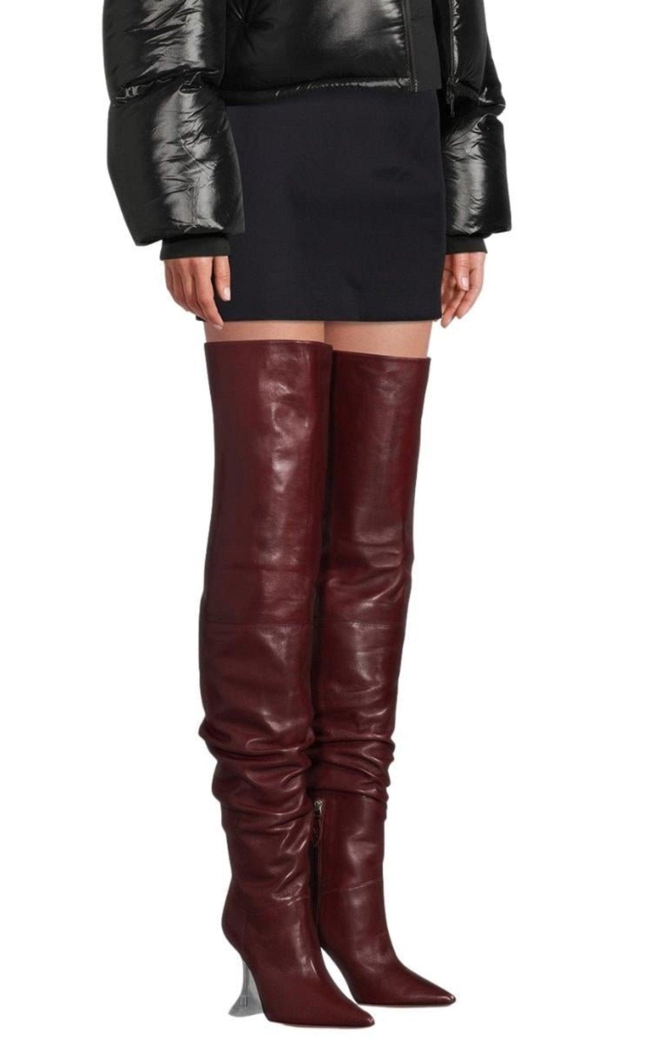Amina Muaddi Olivia Burgundy Tall Leather Over The Knee Boots - Runway Catalog