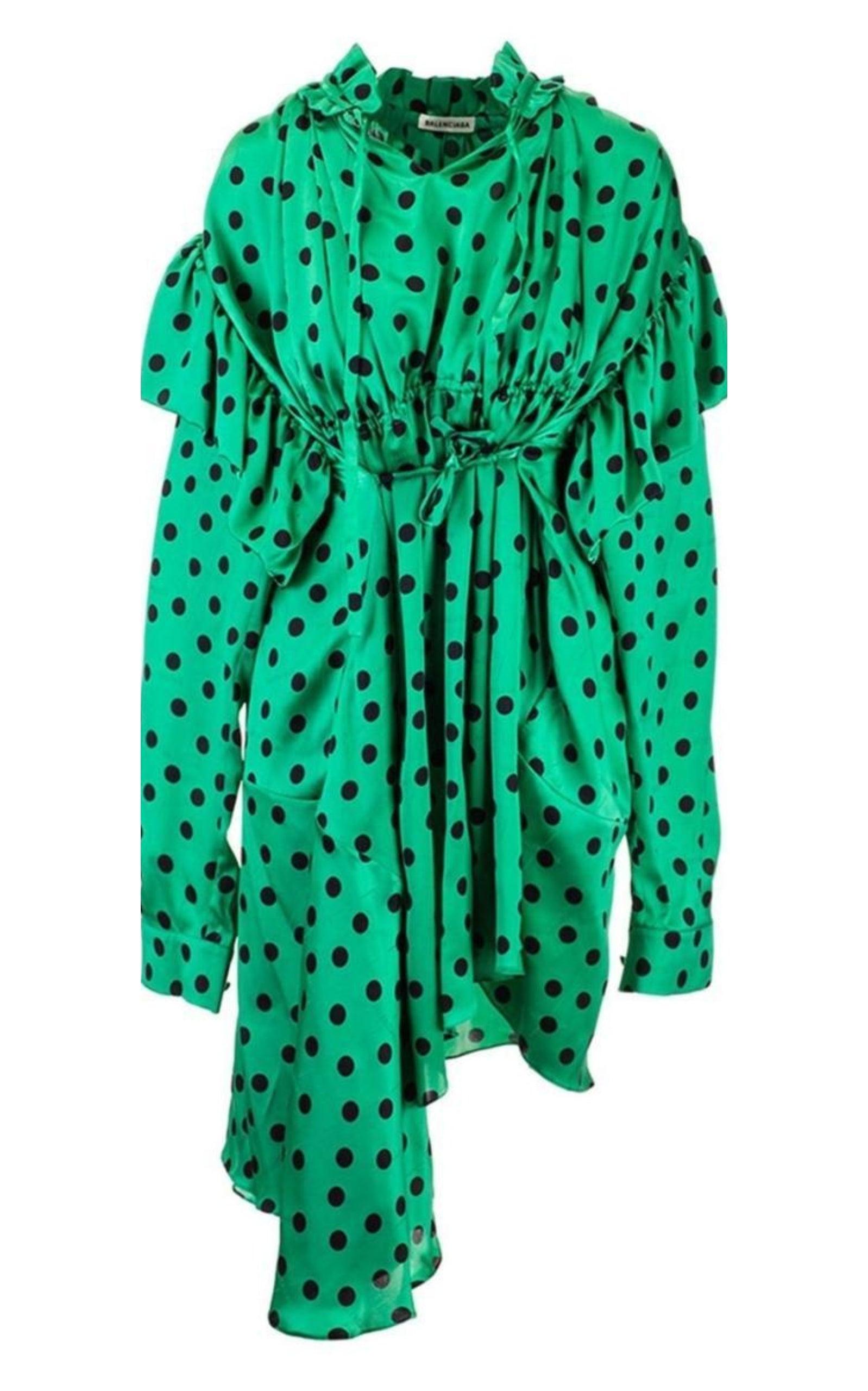 Polka Dot Print Long Sleeve Logo Jacquard Babydoll Dress Balenciaga