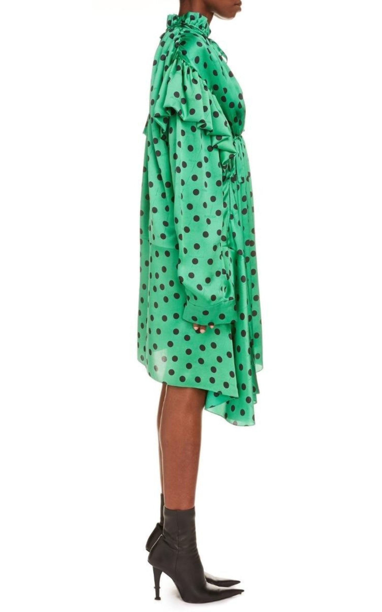 Polka Dot Print Long Sleeve Logo Jacquard Babydoll Dress Balenciaga