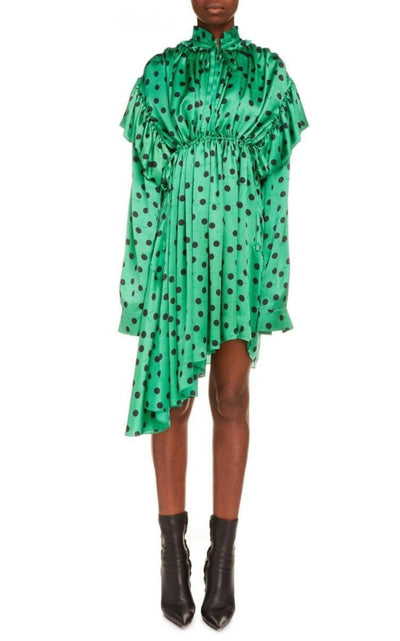 Balenciaga Polka Dot Print Long Sleeve Logo Jacquard Babydoll Dress - Runway Catalog