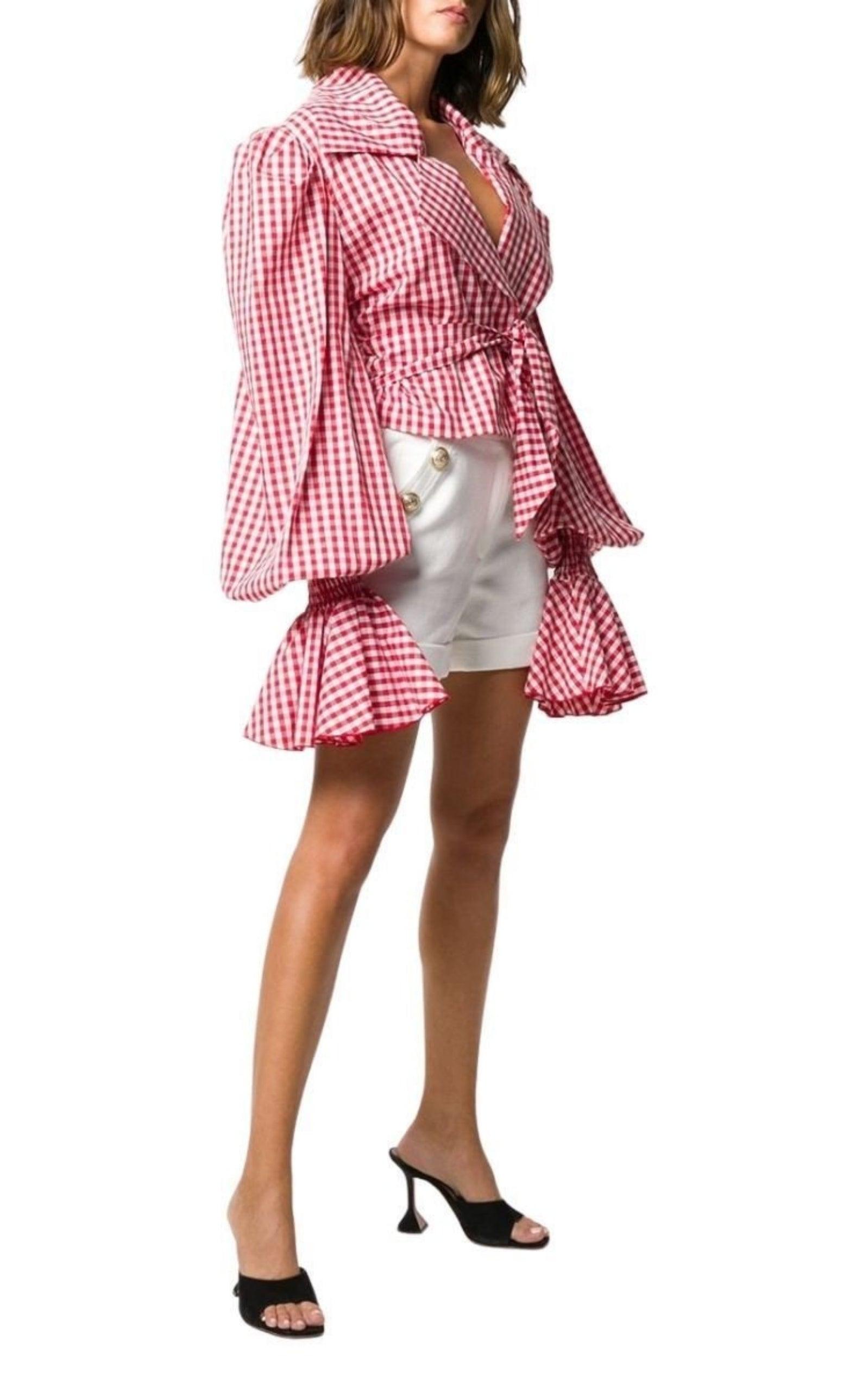 Balloon-Sleeve Gingham Blouse Balmain