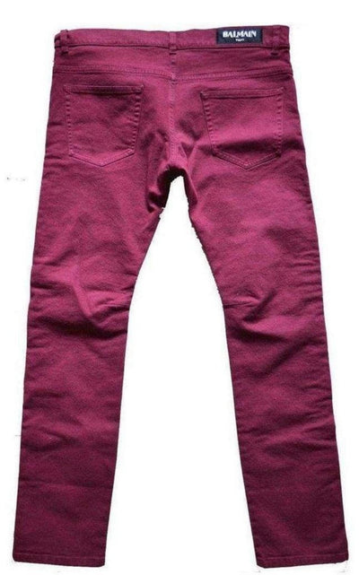 Balmain Balmain Burgundy Embroidered Trimming Slim Stretch Jeans - Runway Catalog