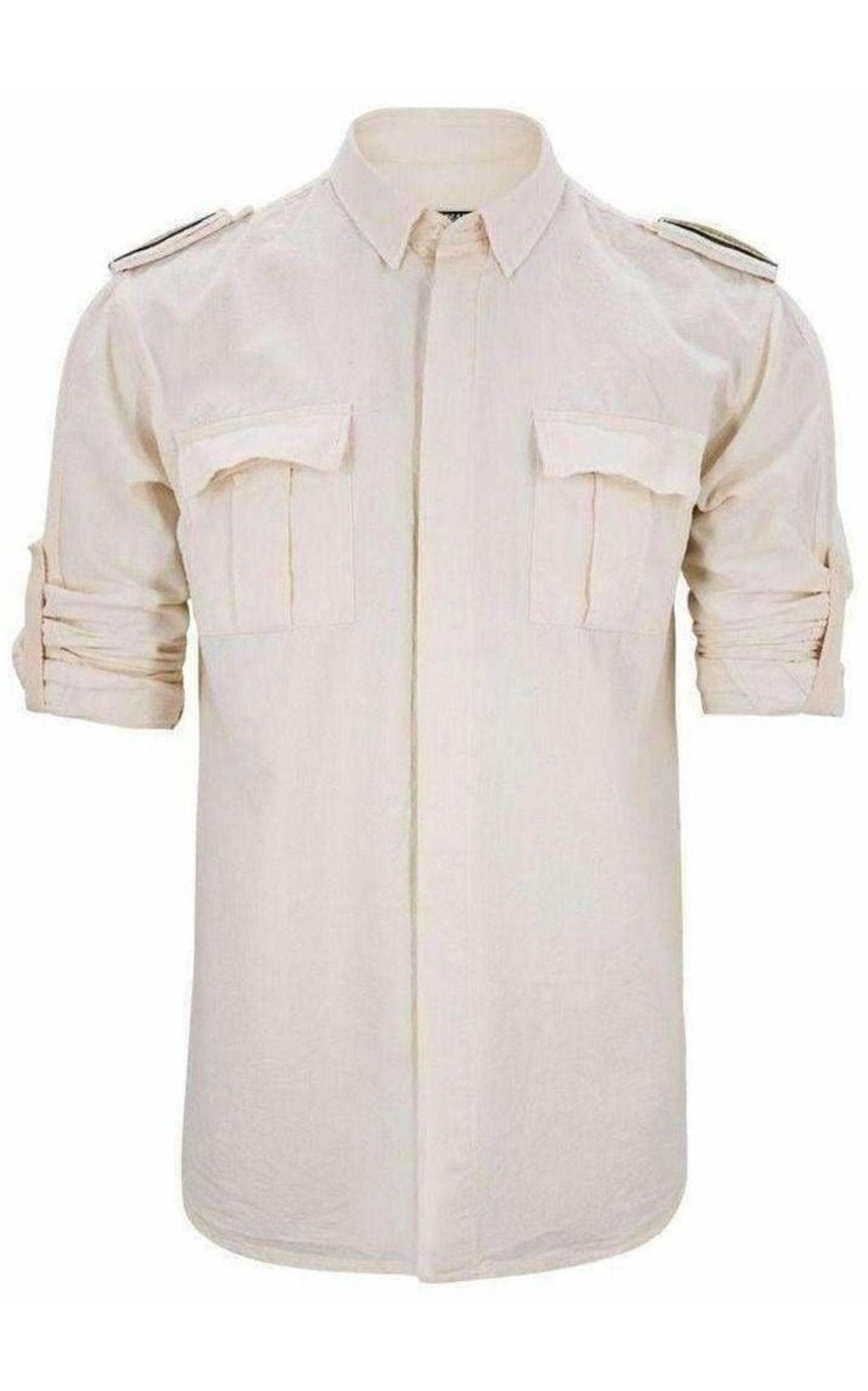 Balmain Balmain Ecru Linen Military Shirt with Embroidered Epaulettes - Runway Catalog