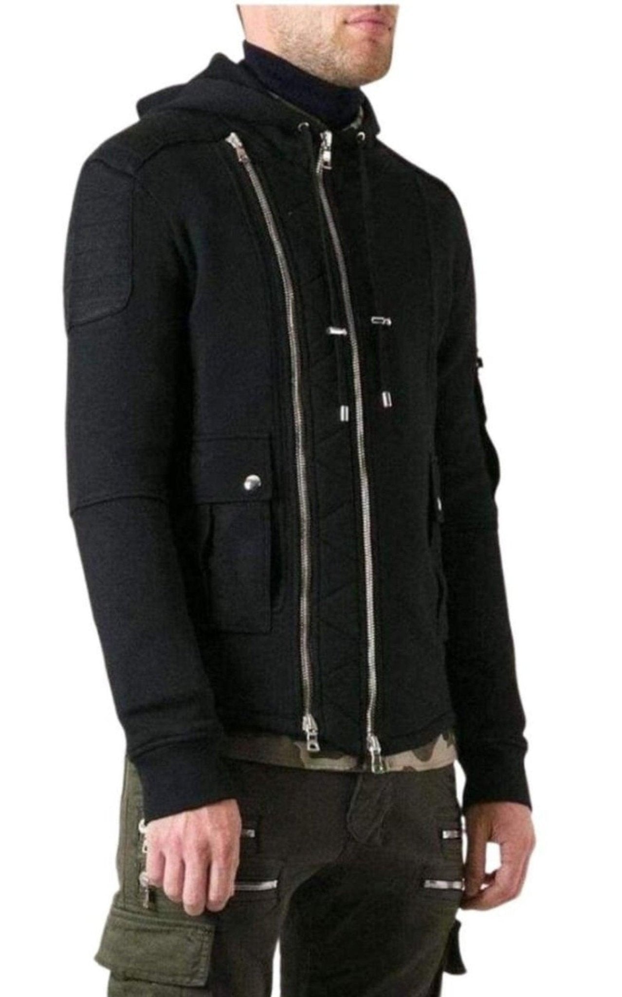 Balmain Black Biker Hoodie Jacket - Runway Catalog