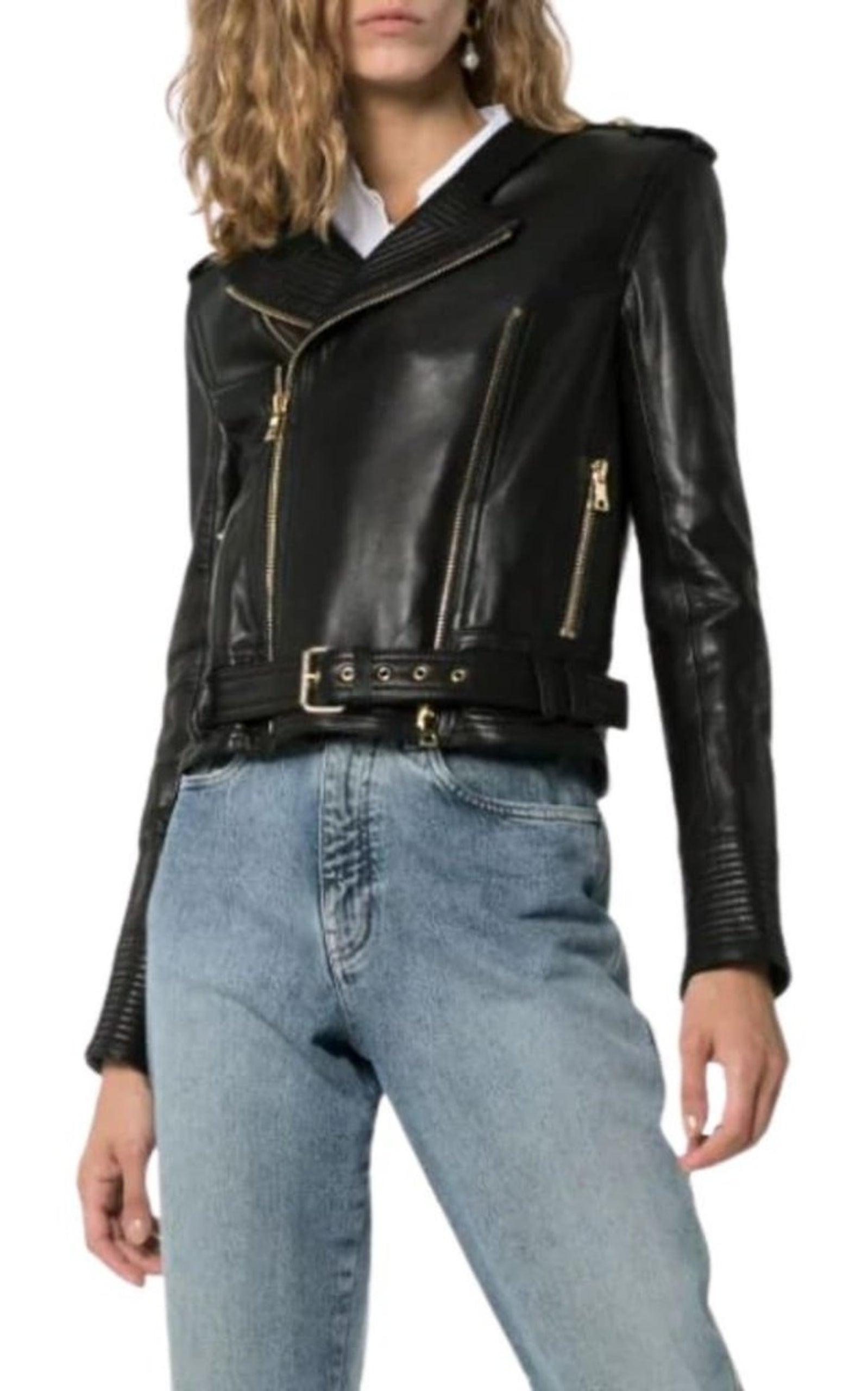 Black Buckle Belt Leather Jacket Balmain