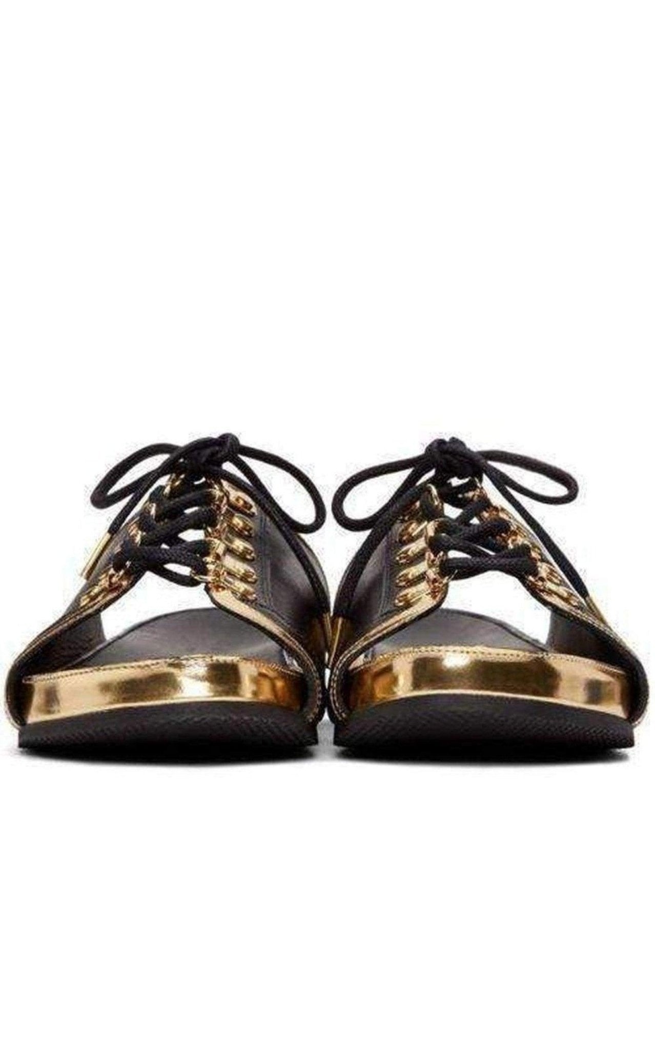 Balmain Black Gold Lace up Sliders Men Leather Sandals - Runway Catalog
