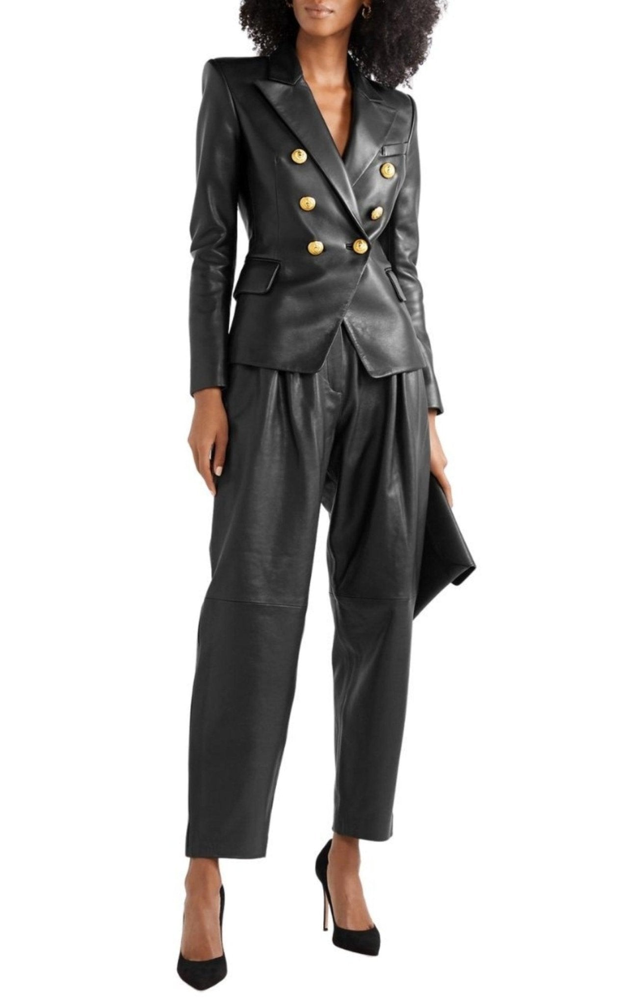 Balmain Black Leather Double - Breasted Blazer - Runway Catalog