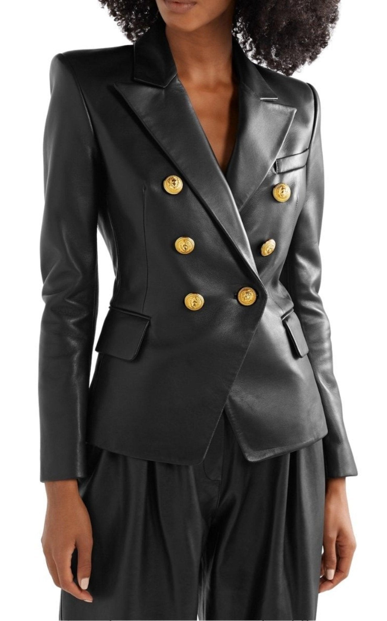 Balmain Black Leather Double - Breasted Blazer - Runway Catalog