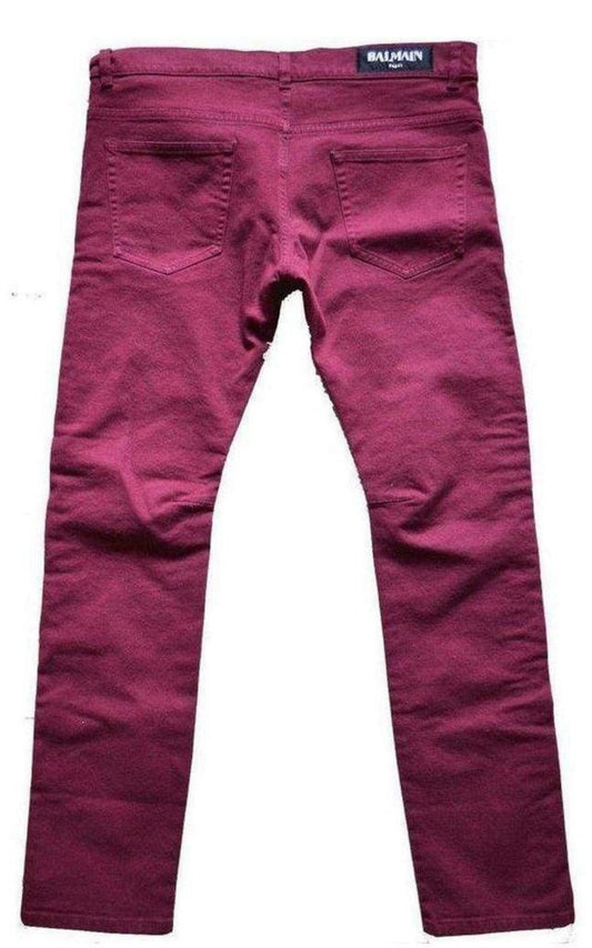 Burgundy Embroidered Trimming Slim Stretch Jeans Balmain