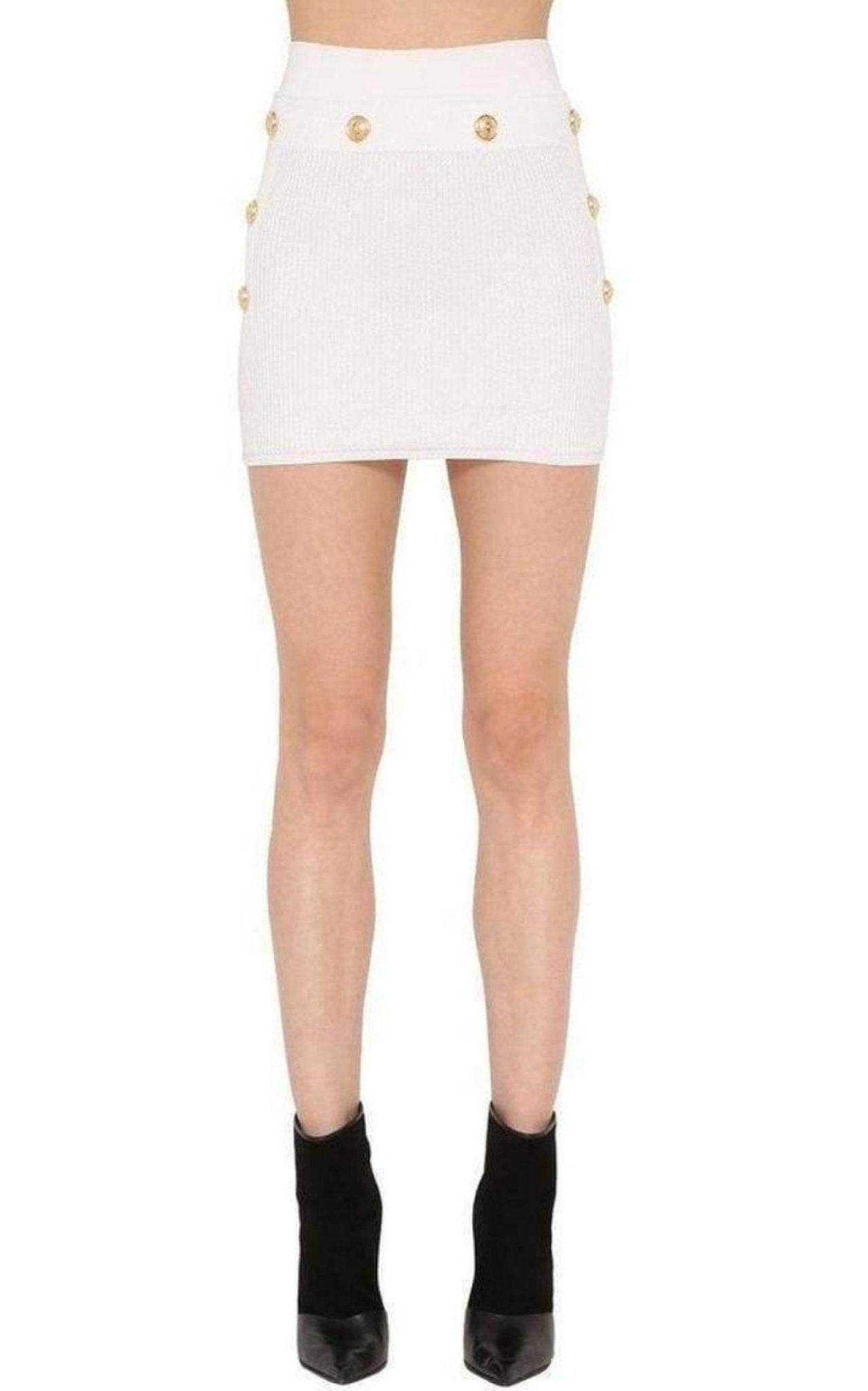 Balmain Button - Embellished Ribbed Stretch - knit Mini Skirt - Runway Catalog