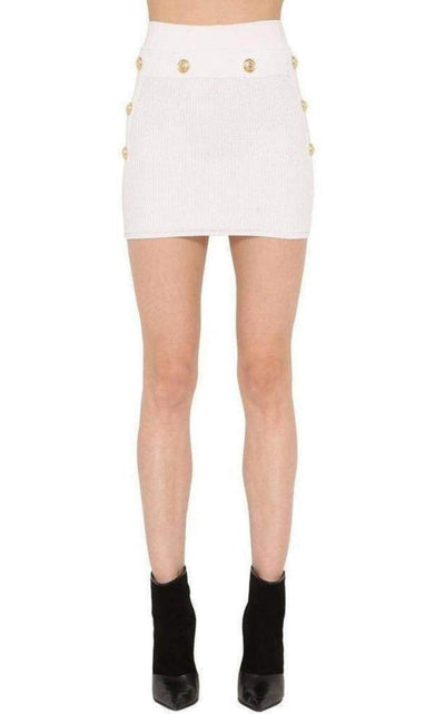 Balmain Button - Embellished Ribbed Stretch - knit Mini Skirt - Runway Catalog