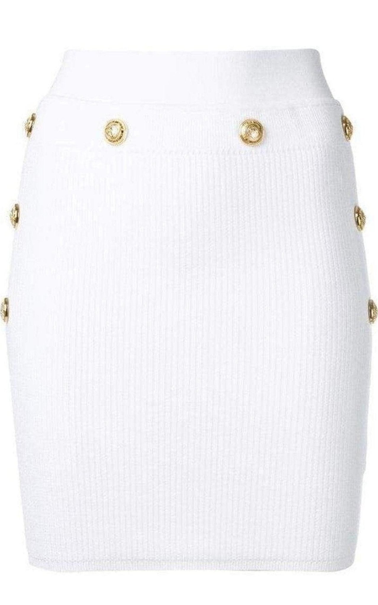 Balmain Button - Embellished Ribbed Stretch - knit Mini Skirt - Runway Catalog