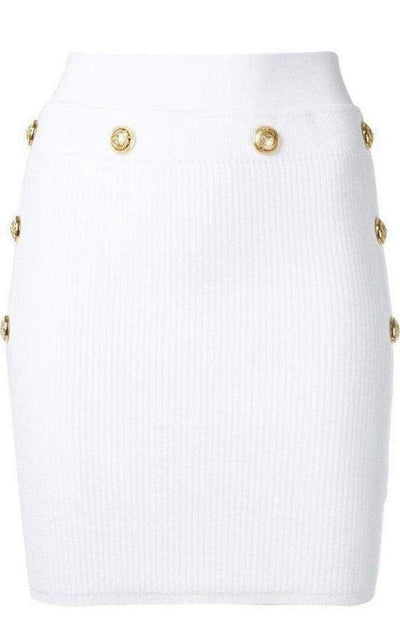 Balmain Button - Embellished Ribbed Stretch - knit Mini Skirt - Runway Catalog