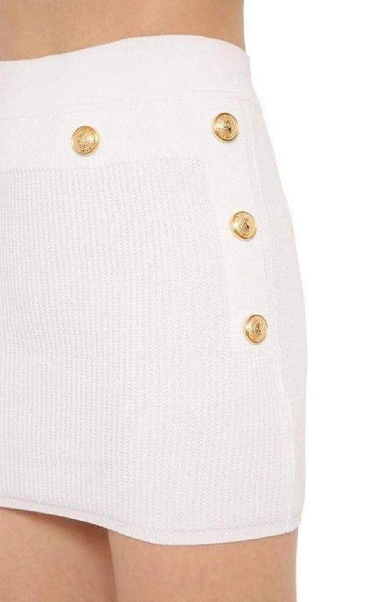 Balmain Button - Embellished Ribbed Stretch - knit Mini Skirt - Runway Catalog
