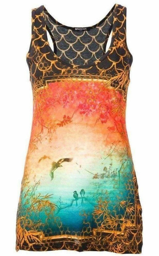 Cotton Oriental Print Tank Top Balmain