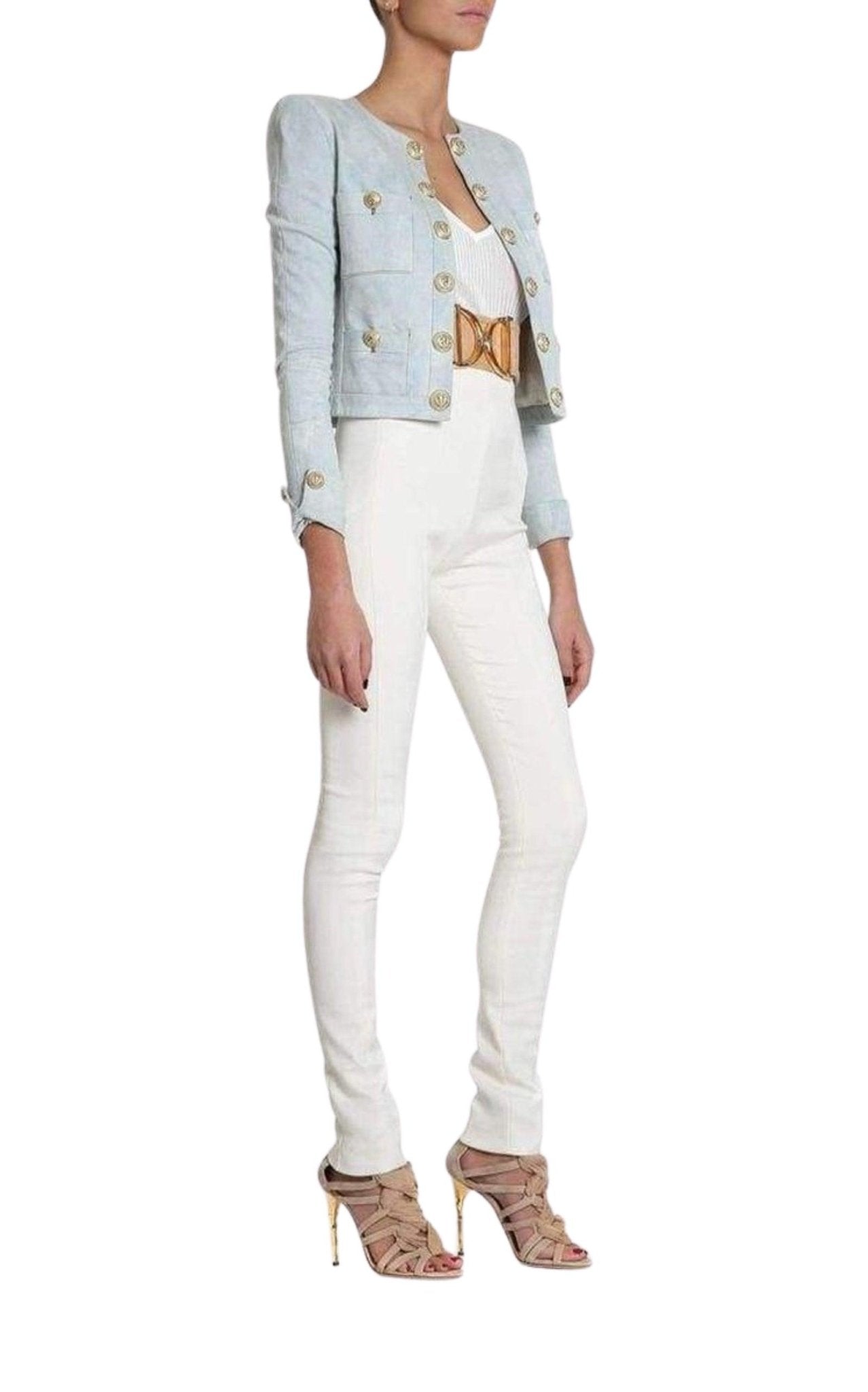 Balmain Cropped Stretch Cotton Denim Blazer - Runway Catalog