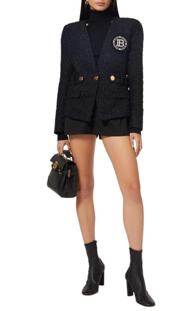 Balmain Crystal Logo Metallic Tweed Blazer - Runway Catalog