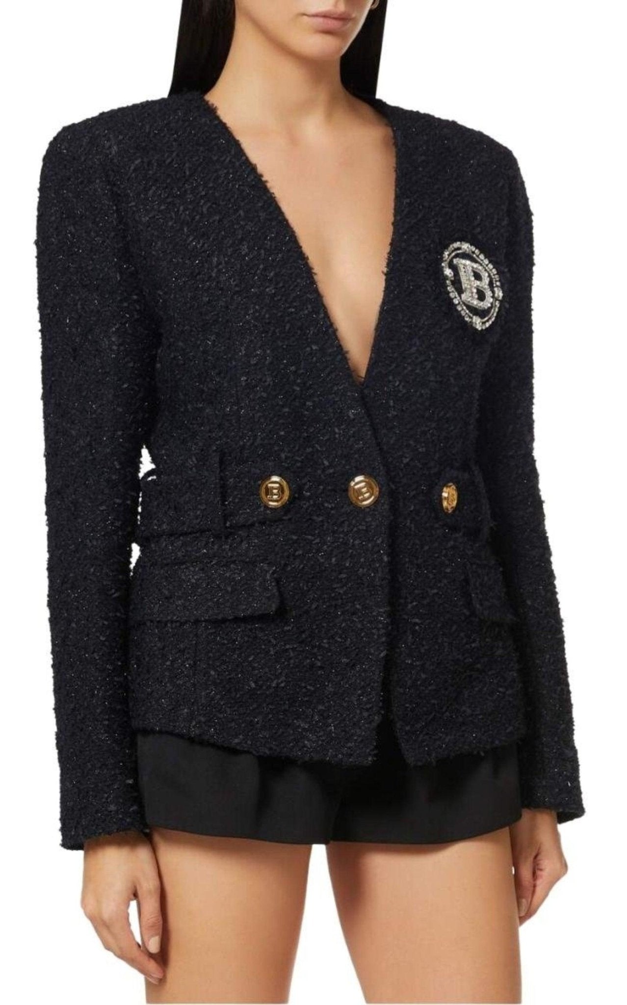 Balmain Crystal Logo Metallic Tweed Blazer - Runway Catalog