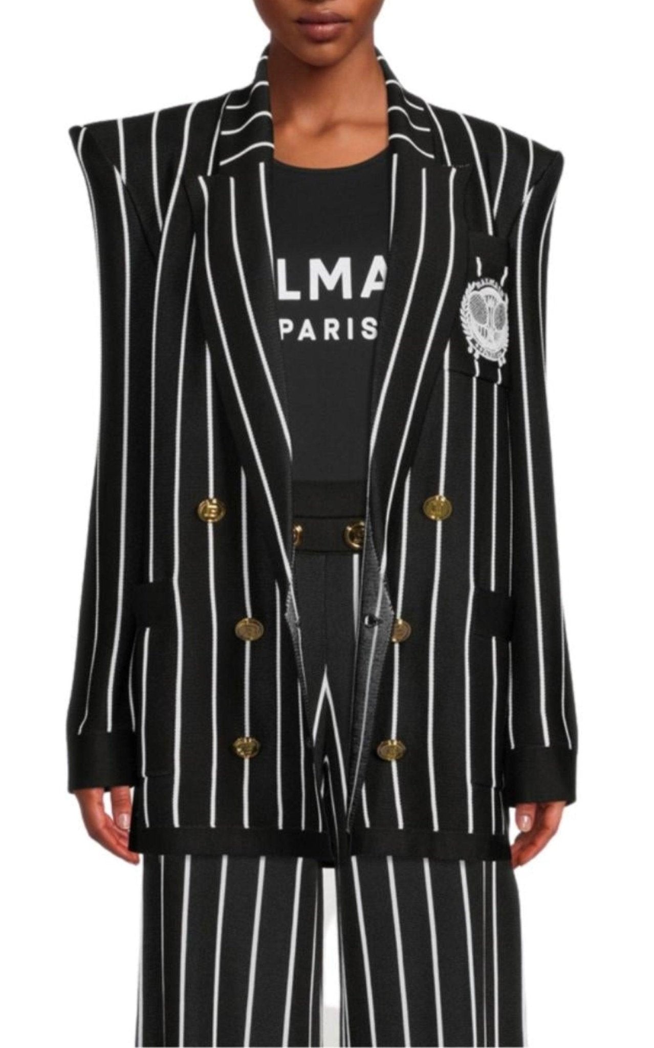 Balmain Double - Breasted Black White Striped Wool Blazer - Runway Catalog
