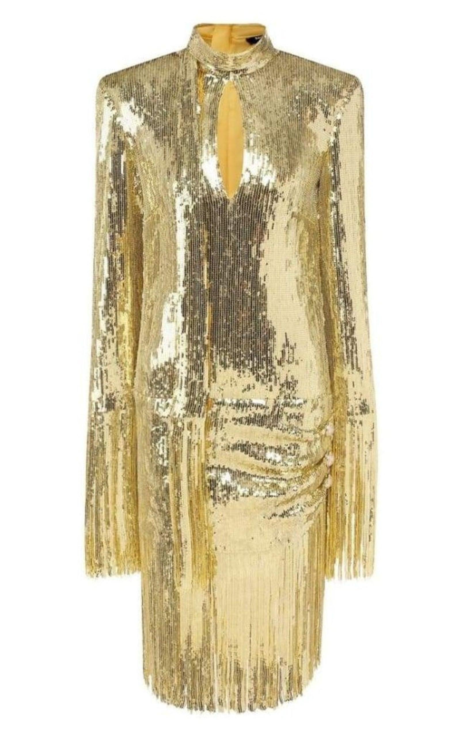 Fringed Gold Sequined Midi Dress Balmain