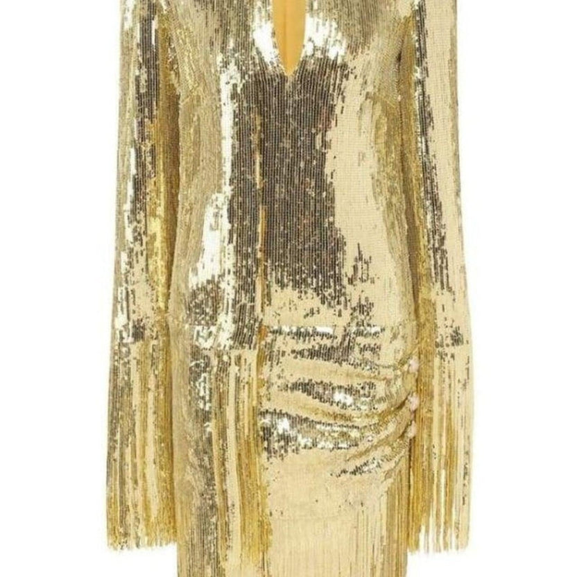Balmain Fringed Gold Sequined Midi Dress - Runway Catalog