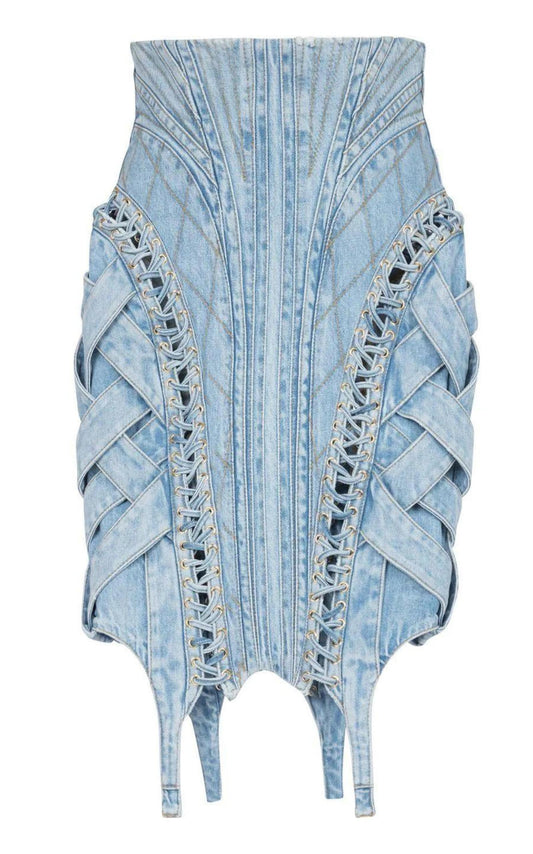 High-waist Lace-up Denim Skirt Balmain