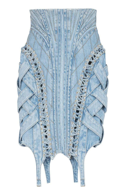 Balmain High - waist Lace - up Denim Skirt - Runway Catalog