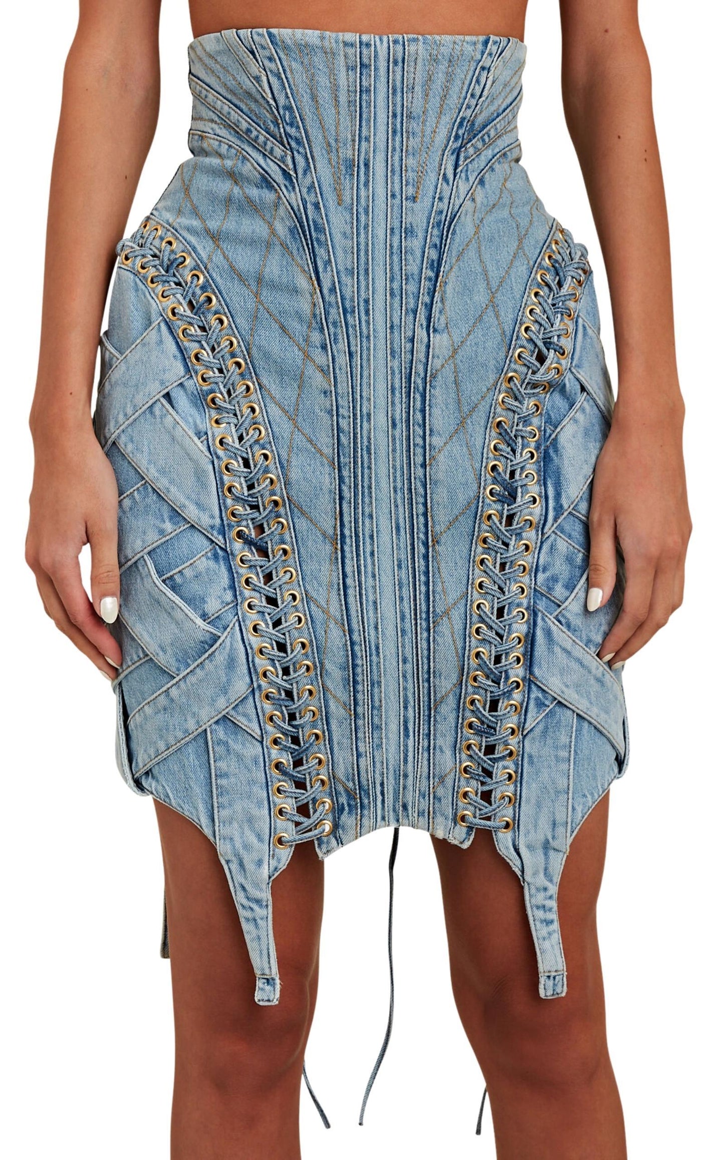 High-waist Lace-up Denim Skirt Balmain