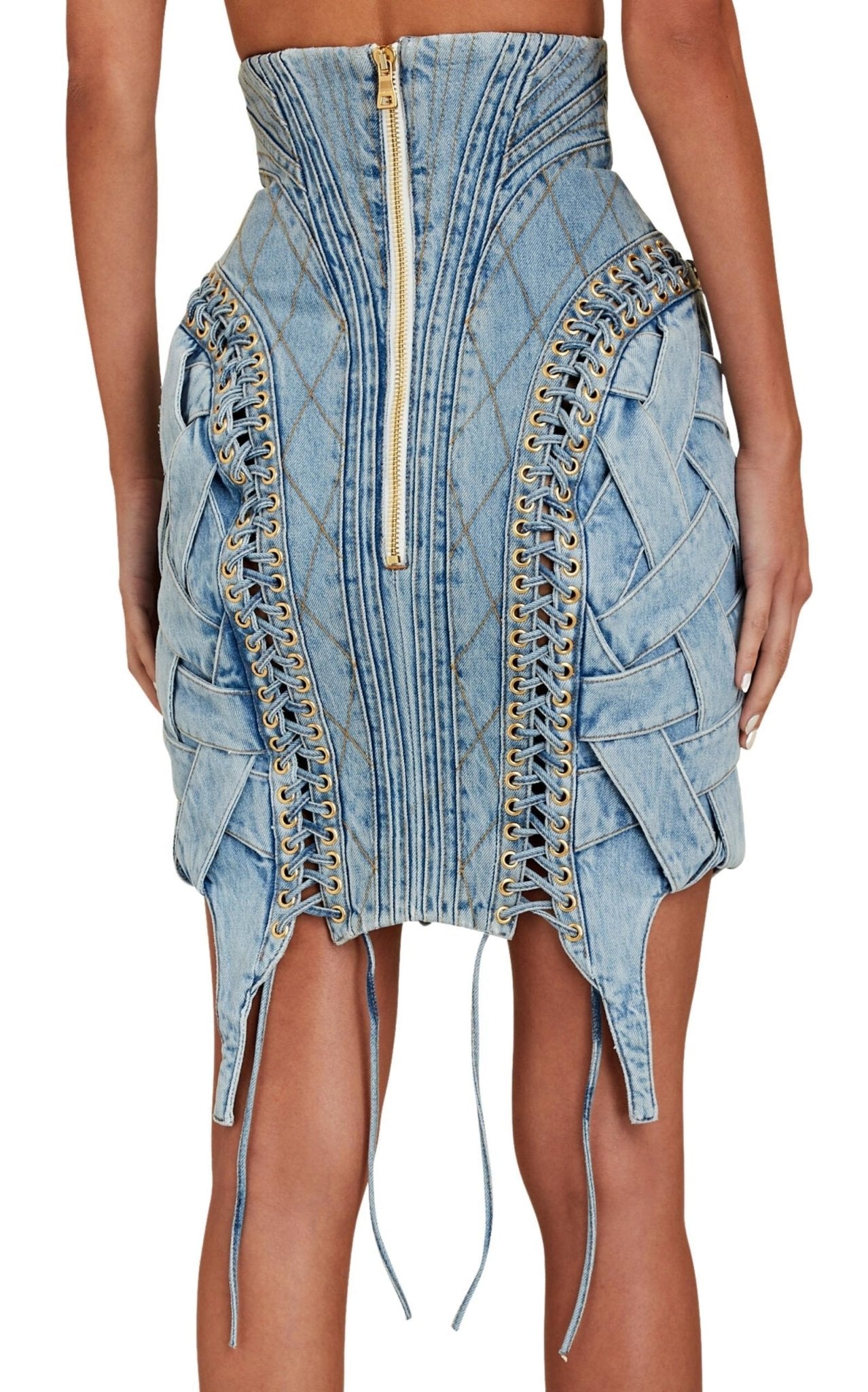 Balmain High - waist Lace - up Denim Skirt - Runway Catalog