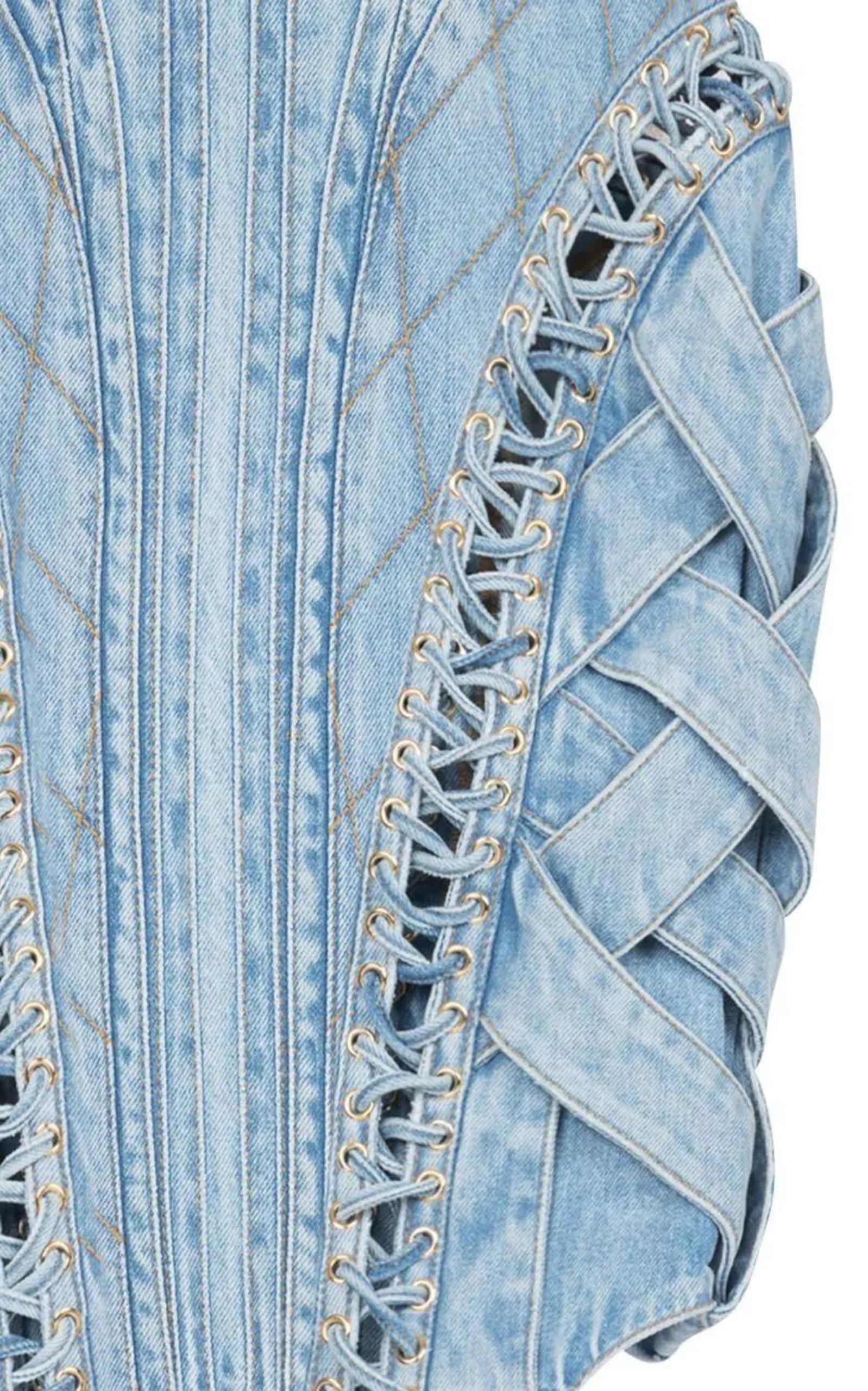 High-waist Lace-up Denim Skirt Balmain