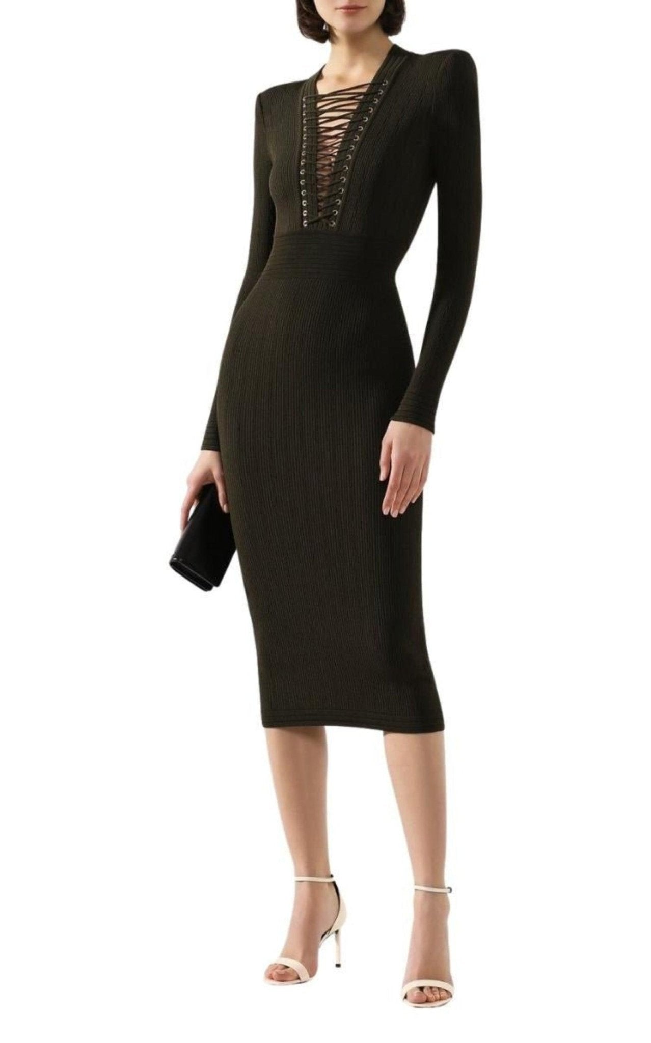 Balmain Lace - up Long Sleeve Midi Sweater Dress - Runway Catalog