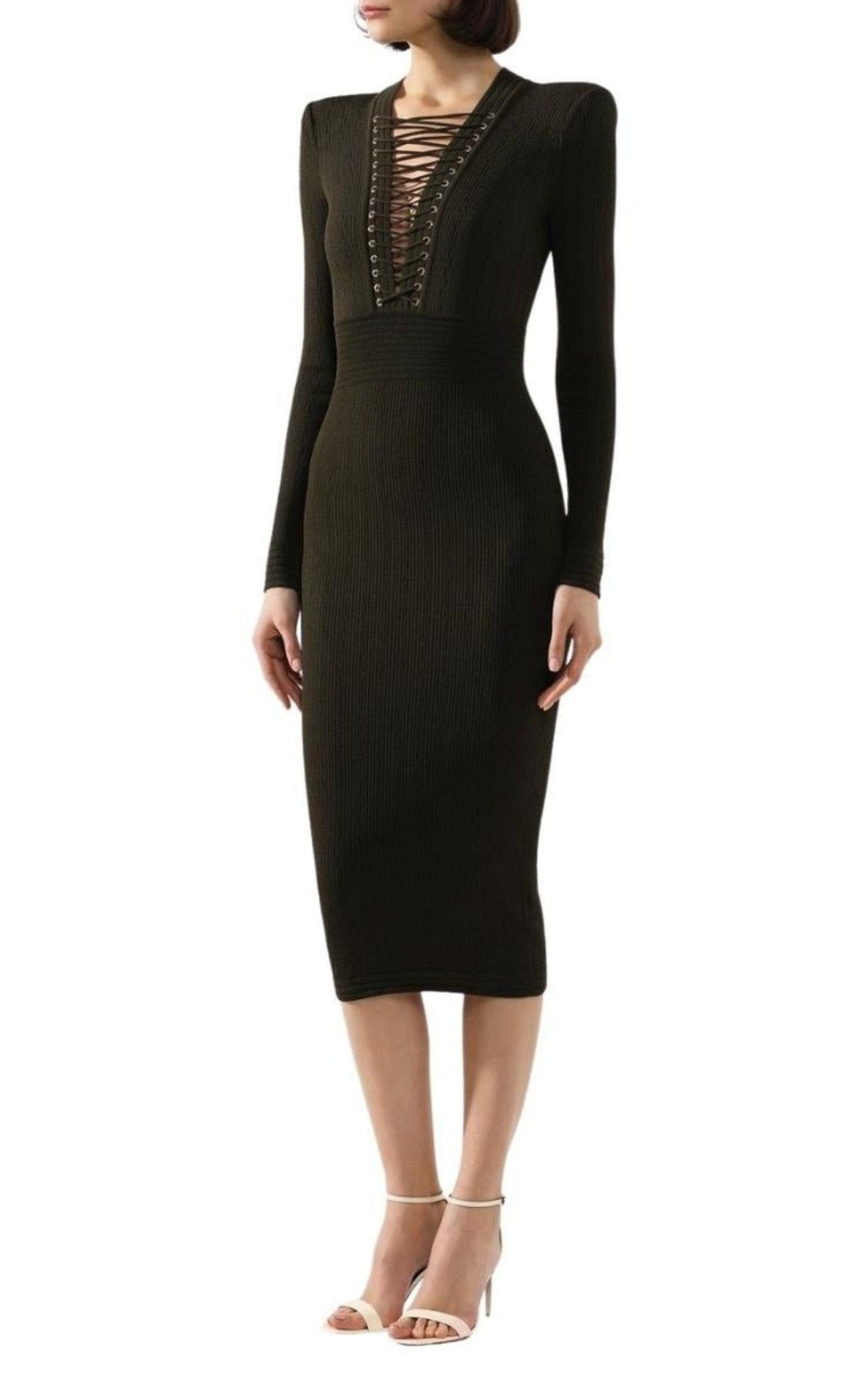 Balmain Lace - up Long Sleeve Midi Sweater Dress - Runway Catalog