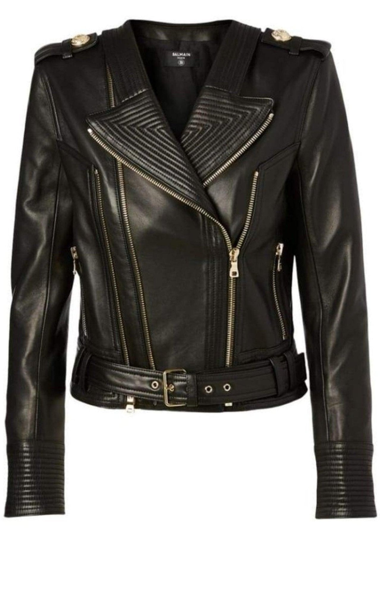 Balmain Lambskin Buckle - Belt Leather Jacket, Black - Runway Catalog
