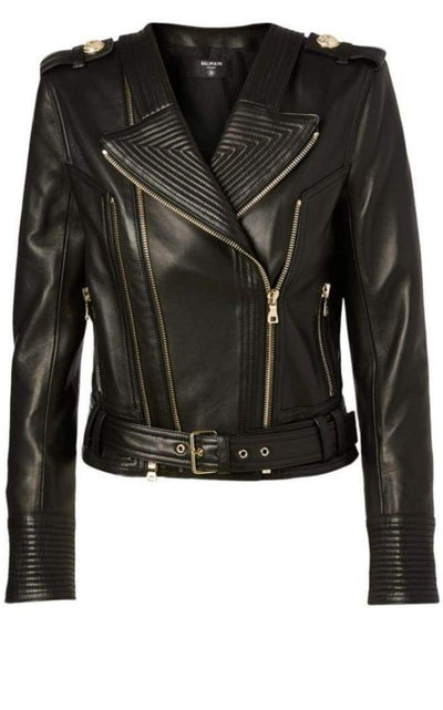 Balmain Lambskin Buckle - Belt Leather Jacket, Black - Runway Catalog