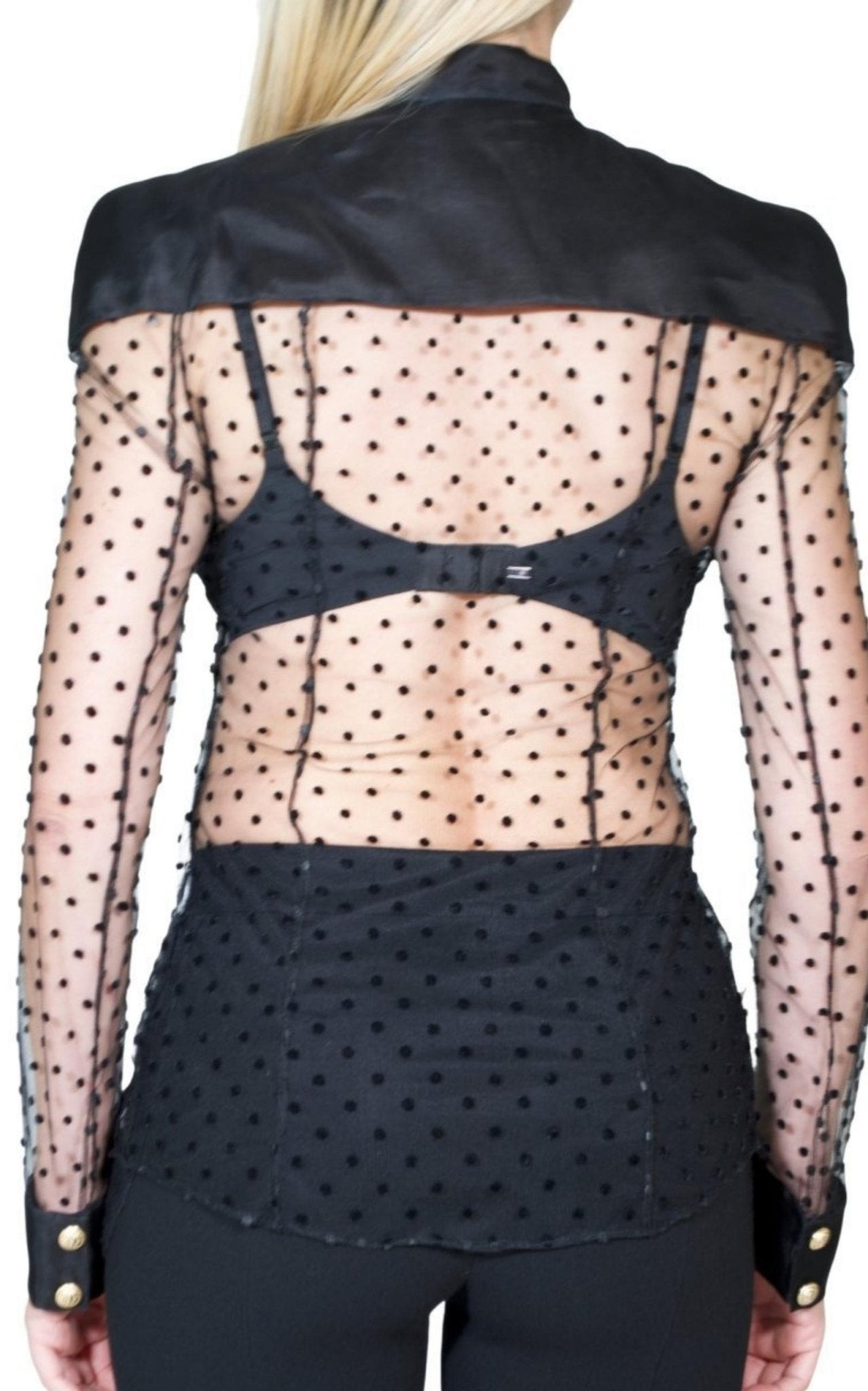 Balmain Long Sleeve Black Polka Dot Silk Shirt with Gold Buttons - Runway Catalog