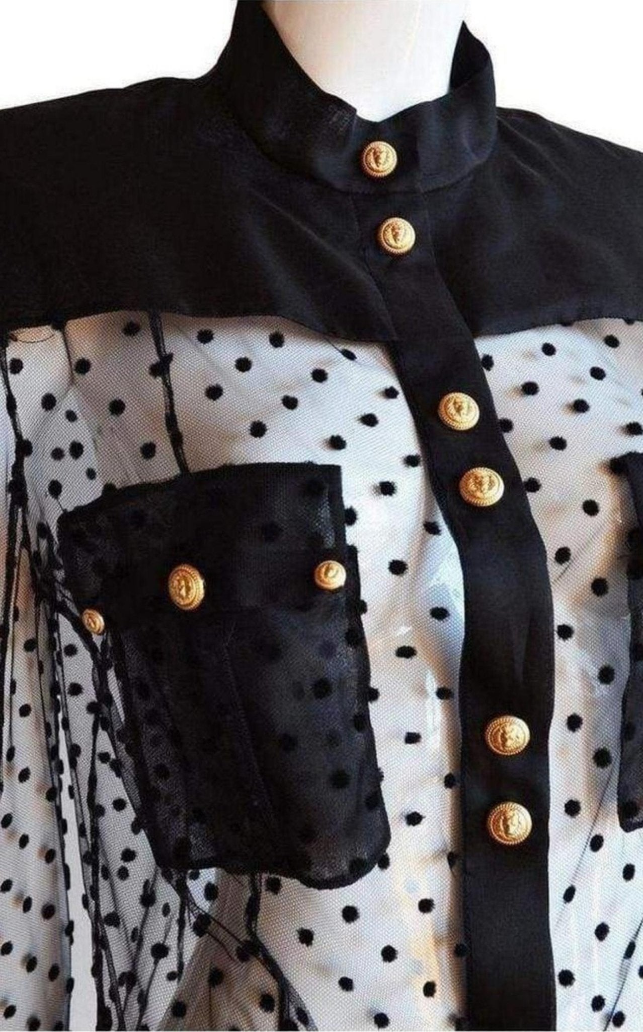 Balmain Long Sleeve Black Polka Dot Silk Shirt with Gold Buttons - Runway Catalog